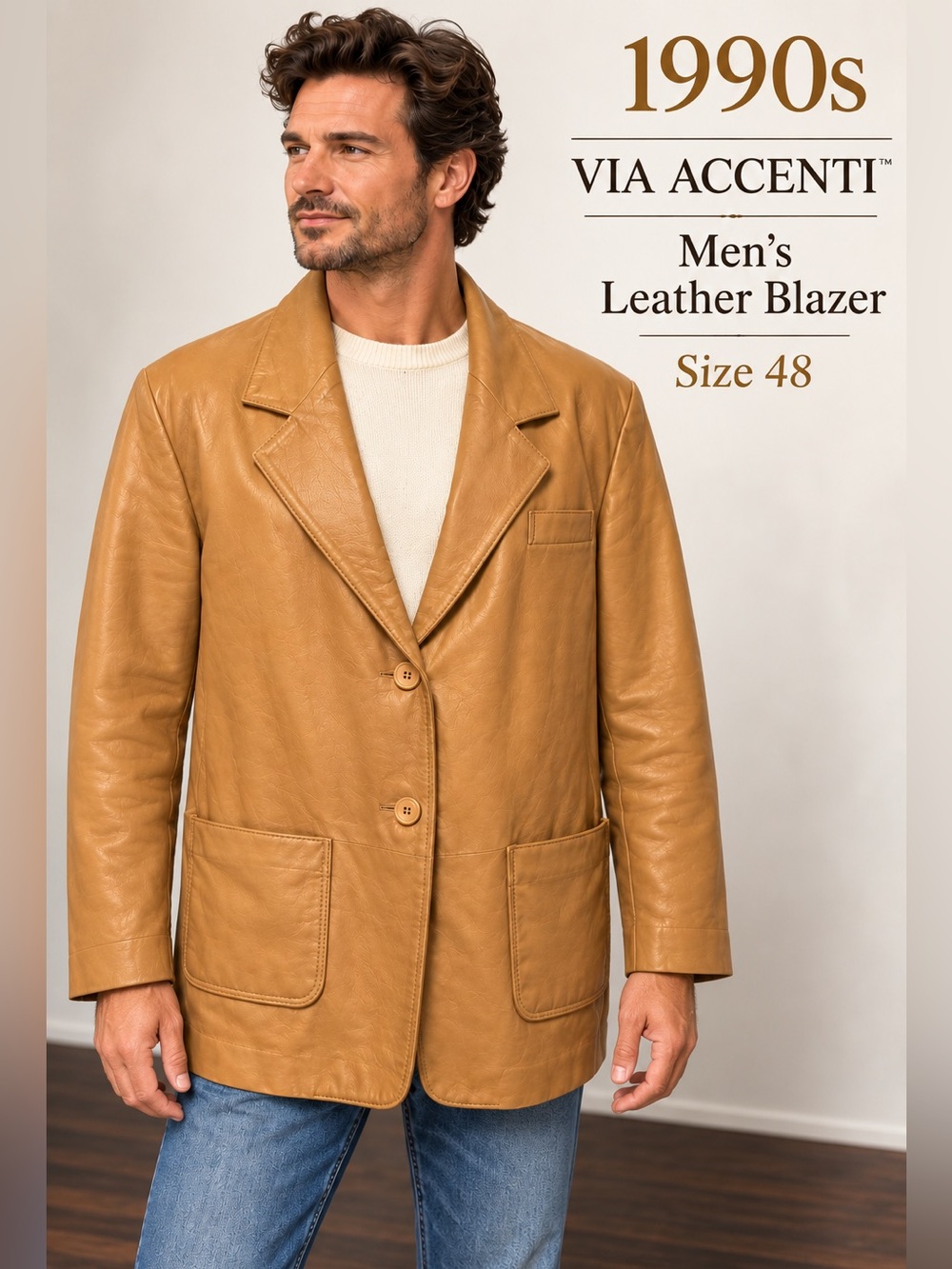 Vintage 90s Via Accenti Menβs Leather Blazer Camel Size 48